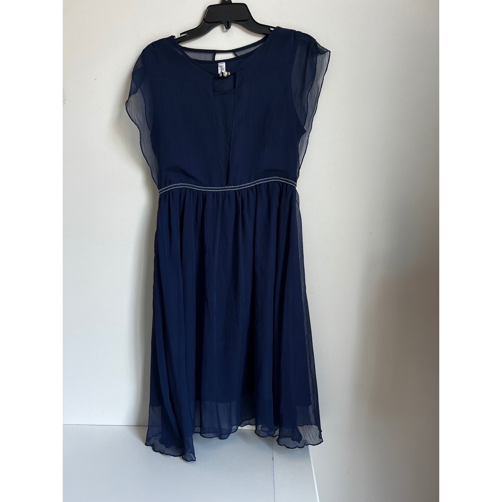 Navy Blue Sheer Chiffon‎ Midi Dress Sleeveless Keyhole Detail Party DressSz L